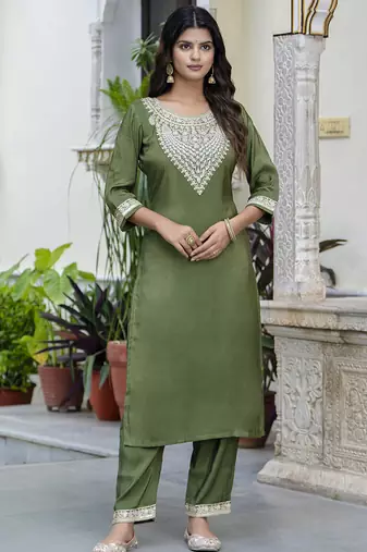 Silk blend olive green casual wear embroidery work kurta set