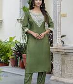 Silk blend olive green casual wear embroidery work kurta set