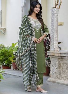 Silk blend olive green casual wear embroidery work kurta set 2