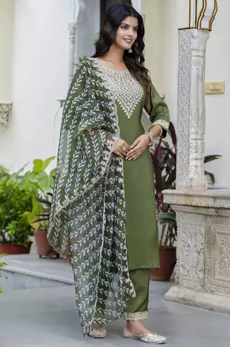 Silk blend olive green casual wear embroidery work kurta set