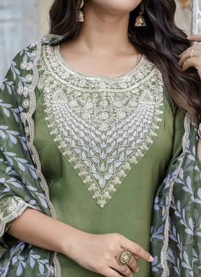 Silk blend olive green casual wear embroidery work kurta set 3