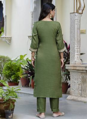Silk blend olive green casual wear embroidery work kurta set 4