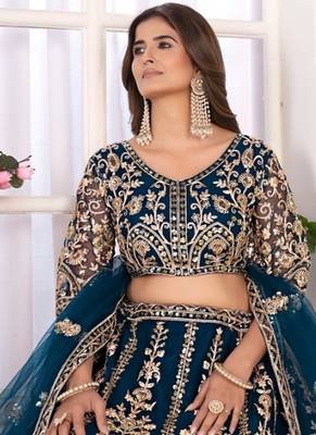 Teal Sequins & Codding Work Lehenga Choli with Dupatta 1
