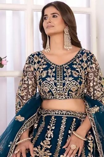 Teal Sequins & Codding Work Lehenga Choli with Dupatta