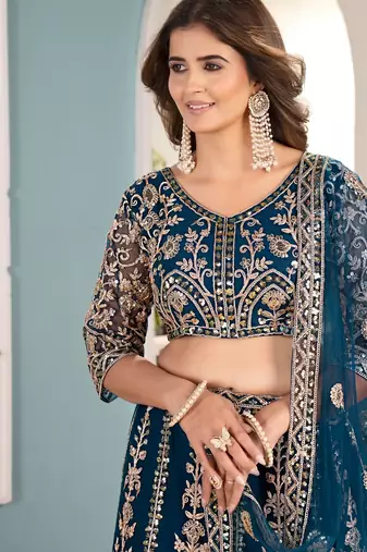 Teal Sequins & Codding Work Lehenga Choli with Dupatta