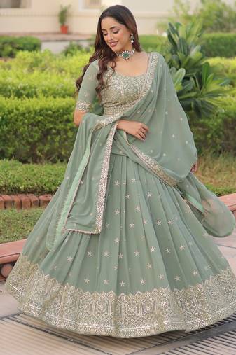 Sea Green Sequins & Codding Work Lehenga Choli with Dupatta
