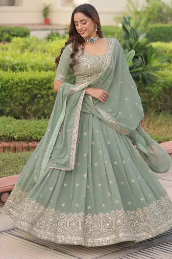 Sea Green Sequins & Codding Work Lehenga Choli with Dupatta