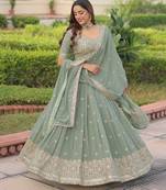 Sea Green Sequins & Codding Work Lehenga Choli with Dupatta