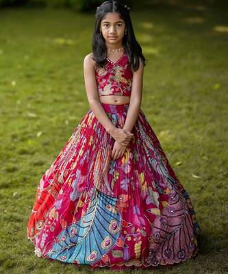 Natural crep embroidery printed work rani pink readymade lehenga choli 1