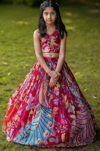 Natural crep embroidery printed work rani pink readymade lehenga choli