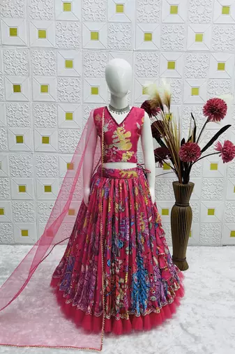 Natural crep embroidery printed work rani pink readymade lehenga choli