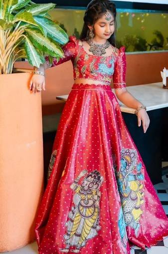 Chinon silk embroidery with digital printed red readymade lehenga choli
