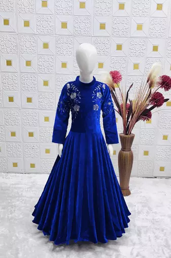 Viscos velvet embroidery work royal blue readymade gown