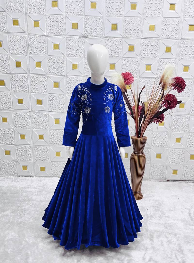 Viscos velvet embroidery work royal blue readymade gown