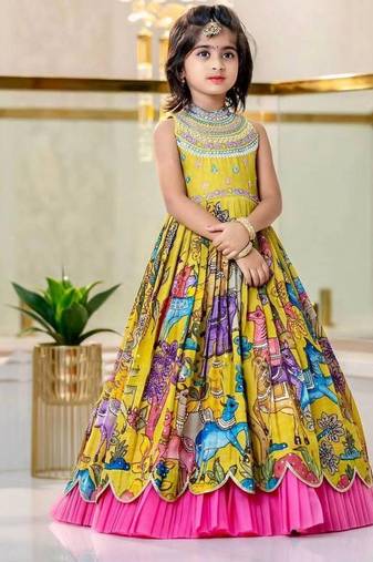 Chinon silk embroidery and printed work yellow readymade gown