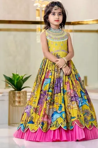Chinon silk embroidery and printed work yellow readymade gown
