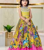 Chinon silk embroidery and printed work yellow readymade gown