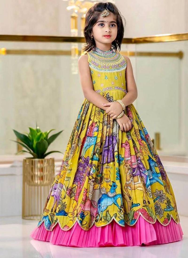 Chinon silk embroidery and printed work yellow readymade gown