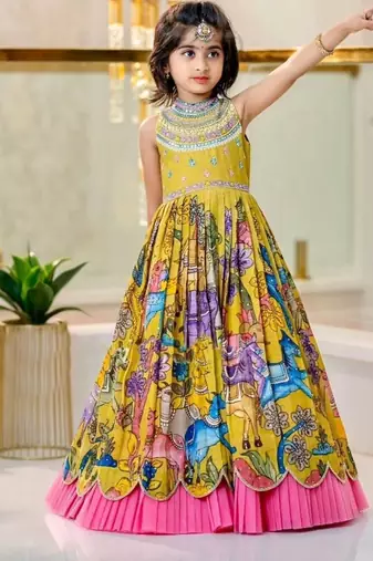 Chinon silk embroidery and printed work yellow readymade gown