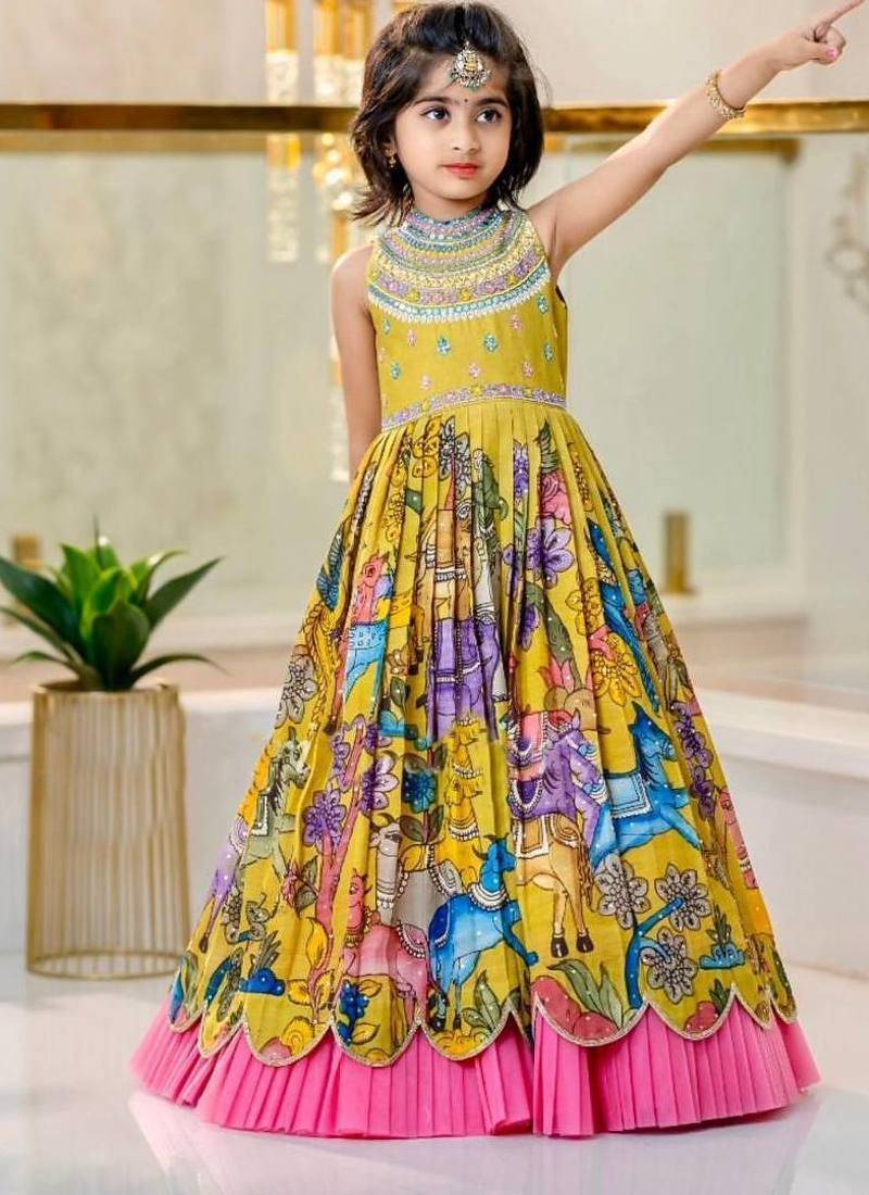 Chinon silk embroidery and printed work yellow readymade gown