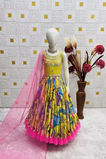 Chinon silk embroidery and printed work yellow readymade gown