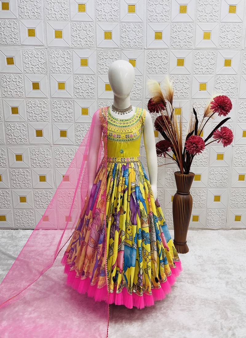 Chinon silk embroidery and printed work yellow readymade gown