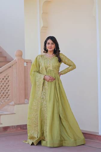 Gold-Crush Fabric Embroidered Stitched Gown with Dupatta     Pista Green | 56" Length