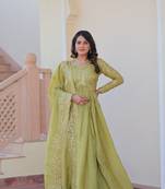 Gold-Crush Fabric Embroidered Stitched Gown with Dupatta     Pista Green | 56" Length