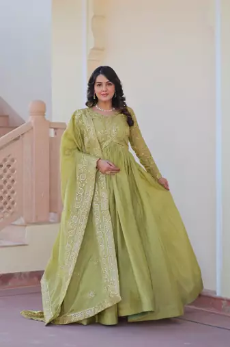 Gold-Crush Fabric Embroidered Stitched Gown with Dupatta     Pista Green | 56" Length