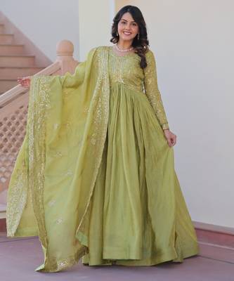 Gold-Crush Fabric Embroidered Stitched Gown with Dupatta     Pista Green | 56" Length 3