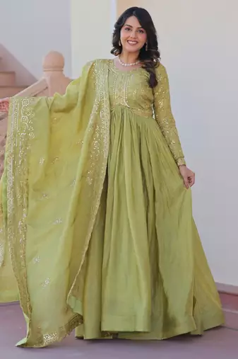 Gold-Crush Fabric Embroidered Stitched Gown with Dupatta     Pista Green | 56" Length