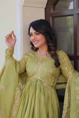 Gold-Crush Fabric Embroidered Stitched Gown with Dupatta     Pista Green | 56" Length 4