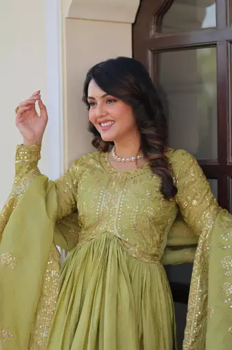 Gold-Crush Fabric Embroidered Stitched Gown with Dupatta     Pista Green | 56" Length