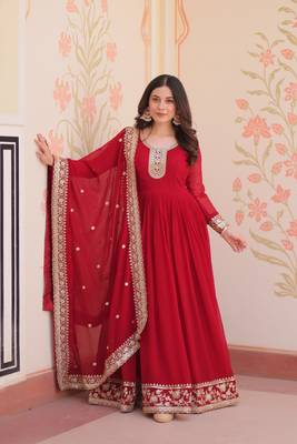 Faux Blooming Embroidered Stitched Gown with Dupatta     Maroon | 56" Length 1