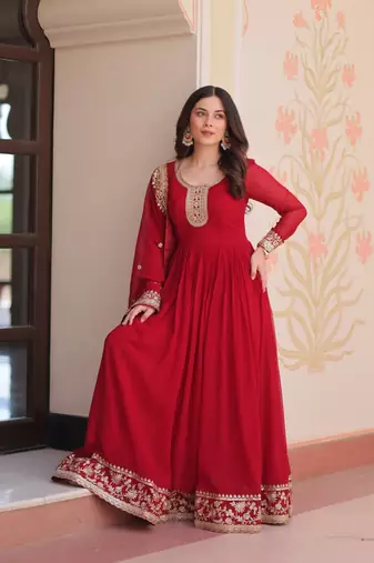 Faux Blooming Embroidered Stitched Gown with Dupatta     Maroon | 56" Length