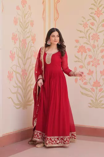 Faux Blooming Embroidered Stitched Gown with Dupatta     Maroon | 56" Length