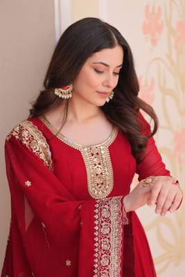 Faux Blooming Embroidered Stitched Gown with Dupatta     Maroon | 56" Length 4