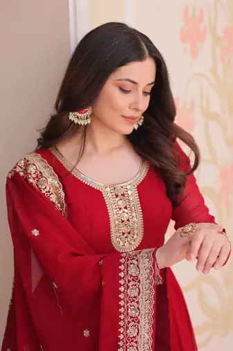 Faux Blooming Embroidered Stitched Gown with Dupatta     Maroon | 56" Length