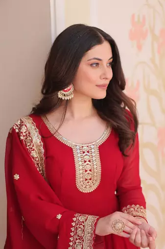 Faux Blooming Embroidered Stitched Gown with Dupatta     Maroon | 56" Length