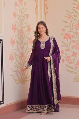 Faux Blooming Embroidered Stitched Gown with Dupatta     Purple | 56" Length 1
