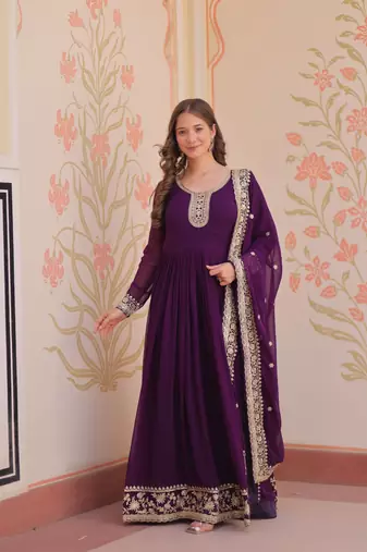 Faux Blooming Embroidered Stitched Gown with Dupatta     Purple | 56" Length