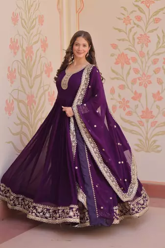 Faux Blooming Embroidered Stitched Gown with Dupatta     Purple | 56" Length