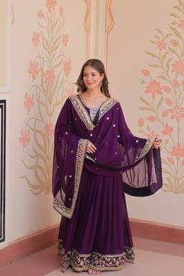 Faux Blooming Embroidered Stitched Gown with Dupatta     Purple | 56" Length 3