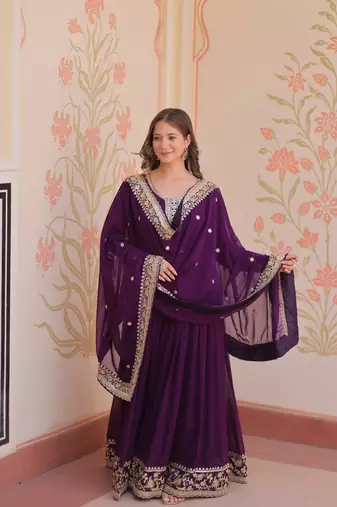 Faux Blooming Embroidered Stitched Gown with Dupatta     Purple | 56" Length