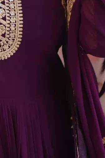 Faux Blooming Embroidered Stitched Gown with Dupatta     Purple | 56" Length