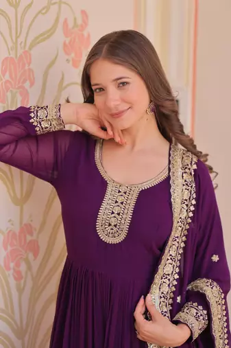 Faux Blooming Embroidered Stitched Gown with Dupatta     Purple | 56" Length
