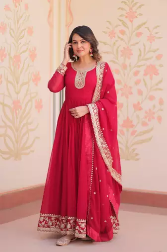Faux Blooming Sequins Embroidered Stitched Gown with Dupatta     Pink | 56" Length