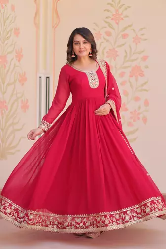 Faux Blooming Sequins Embroidered Stitched Gown with Dupatta     Pink | 56" Length