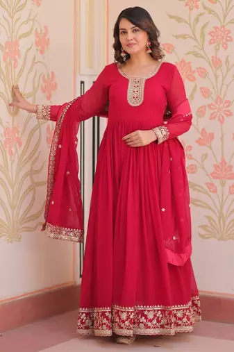 Faux Blooming Sequins Embroidered Stitched Gown with Dupatta     Pink | 56" Length