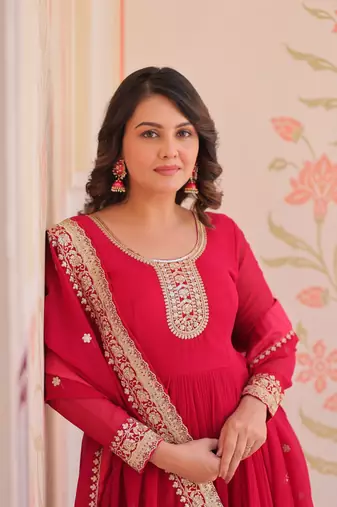 Faux Blooming Sequins Embroidered Stitched Gown with Dupatta     Pink | 56" Length